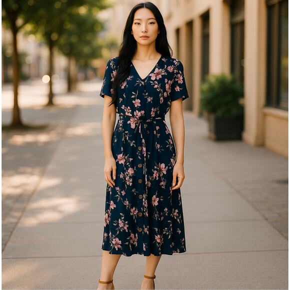 J.Jill Womens Dress Small Petite Midi Floral Stretch Cottagecore Party Cocktail - Picture 1 of 15